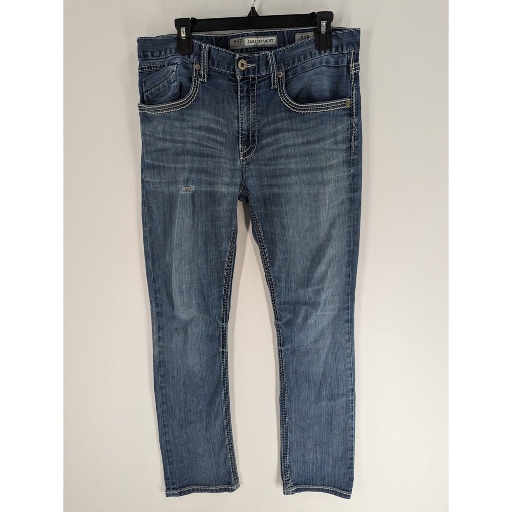 BKE Jeans Men's 34R Jake Blue Embroidered Straight Medium Wash Distressed Jeans